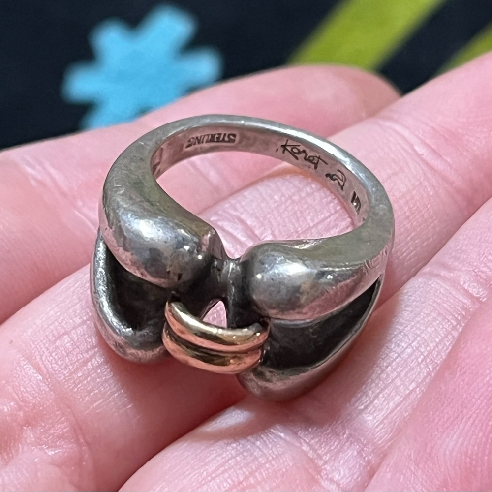 VTG Koret Signed Sterling Silver 925 14k Gold Buckle Modernist Size 5 3/4 Ring - Picture 4 of 6